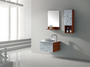 Picture of LANBOR Latest modern wall mounted glass door bathroom cabinet vanity set with sink and mirror storage wooden shelf side cabinet FS068