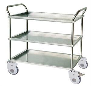 Picture of Three Shelves Stainless Steel Medical Trolley With Crooked Handrail   4 Wheels